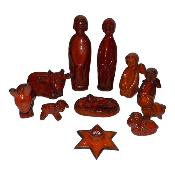 Vintage Gotek Nativity Scene Antique Red Glaze Clay Pottery Small 1-5” 12 Pc MCM - Picture 1 of 5